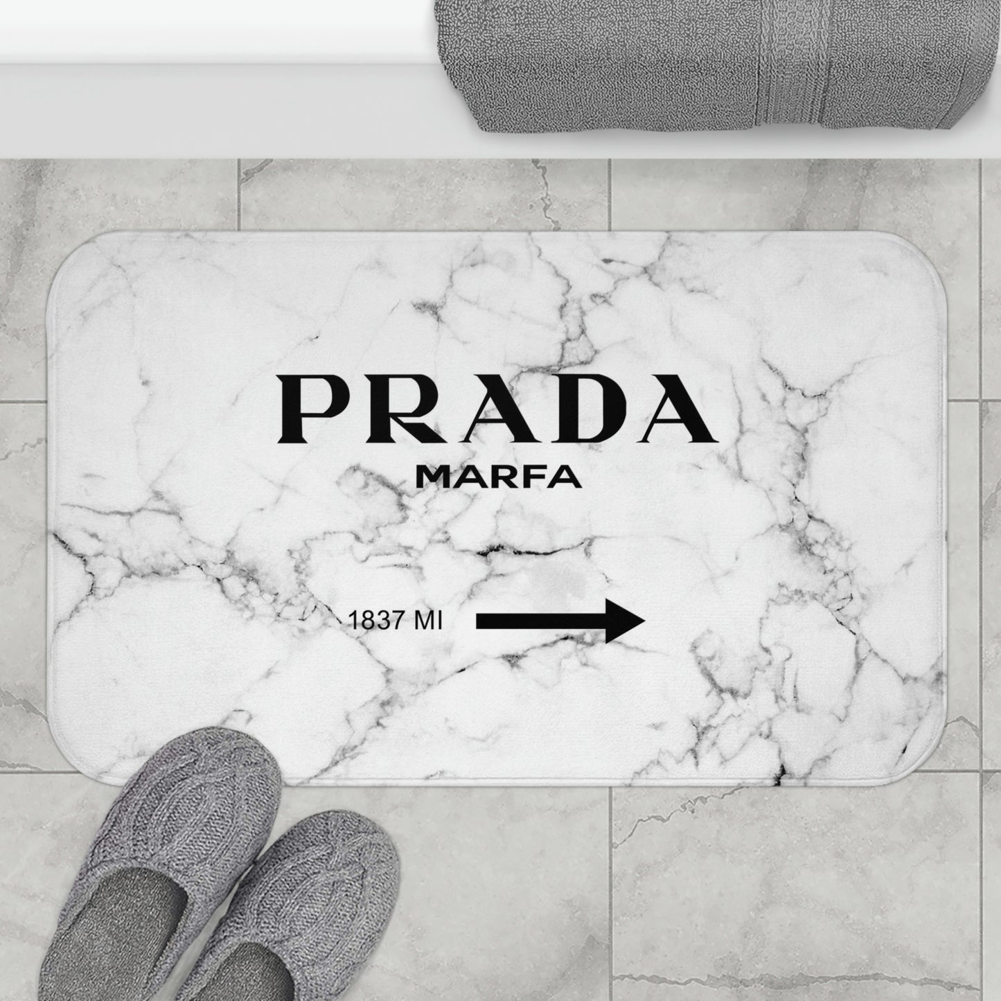 1837 MILES to MARFA White Marble Bath Mat - Fashion Inspired Floor Mat - Marfa Texas Fashion Art Installation Sign