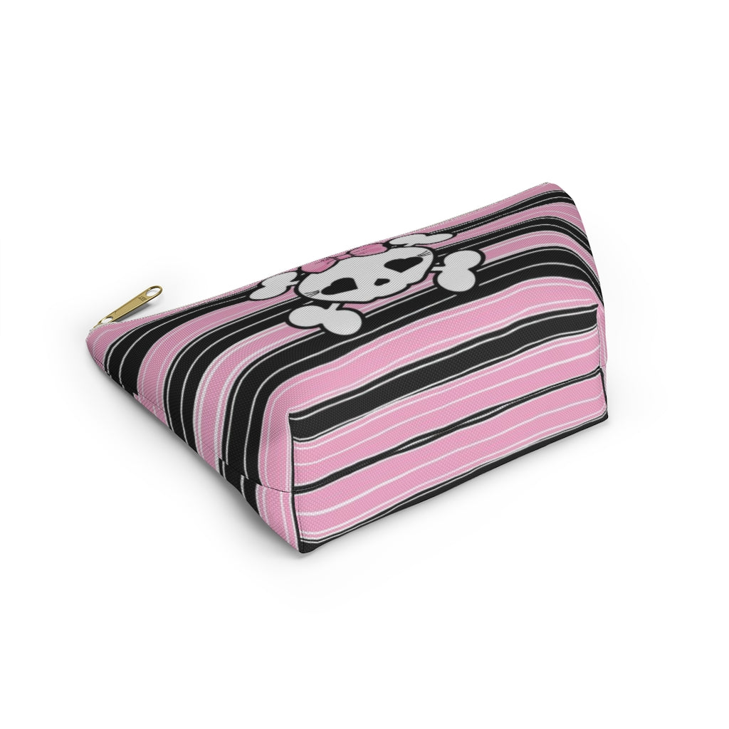 Candy Skull Cosmetic Pouch w T-bottom, Accessory Pouch, Pink Black Stripe