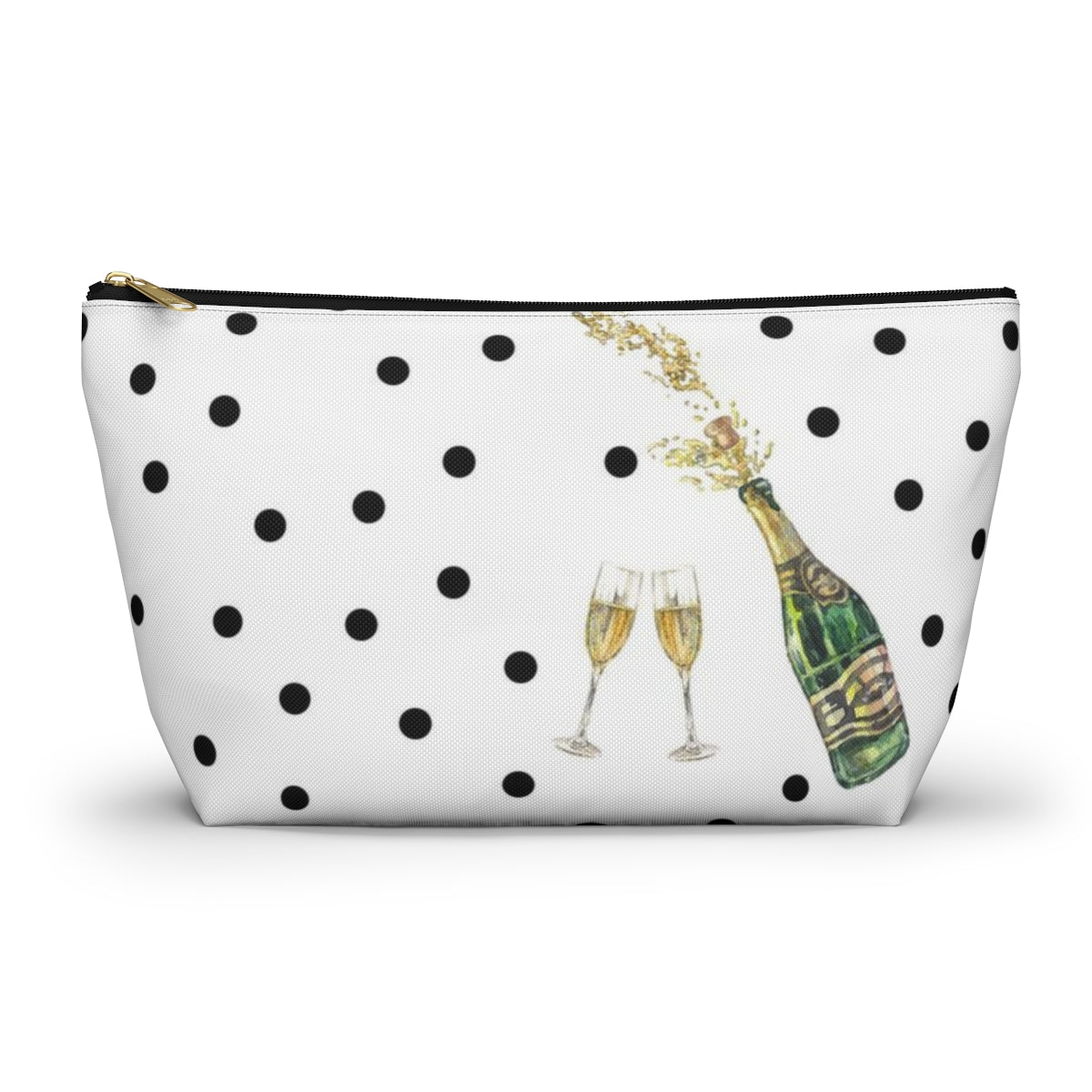 Personalized Champaign Cosmetic Pouch w T-bottom, Accessory Pouch, Celebration Polka Dot