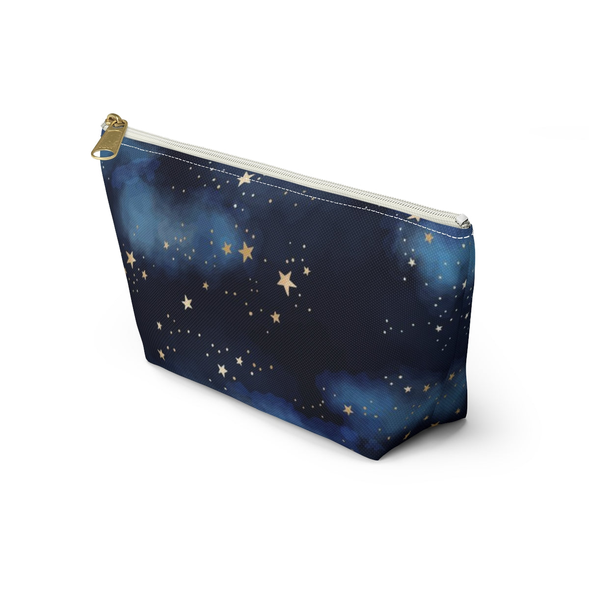 Personalized Starry Night Cosmetic Pouch w T-bottom, Accessory Pouch - Midnight Blue Clouds Gold Stars