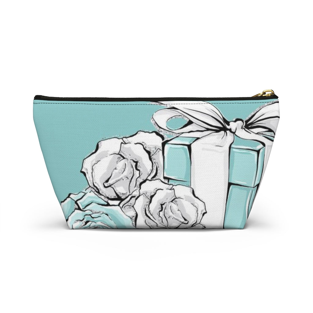 Little Blue Box Cosmetic Pouch w T-bottom, Accessory Pouch, Blue Green Rose Jewelry Box