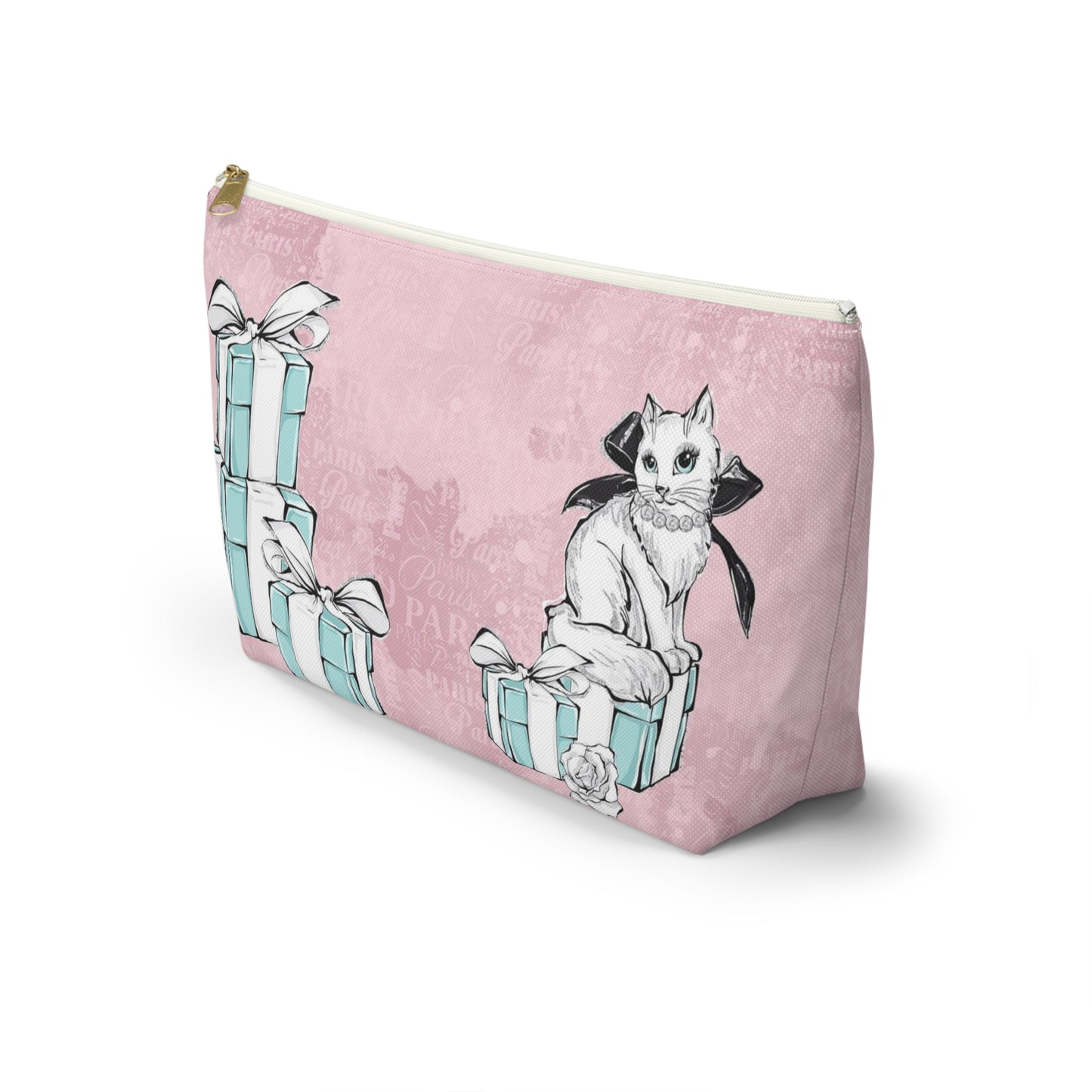 Personalized Kitty Cat Cosmetic Pouch w T-bottom, Accessory Pouch, Cat Lovers Little Blue Gift Box - Paris Pink