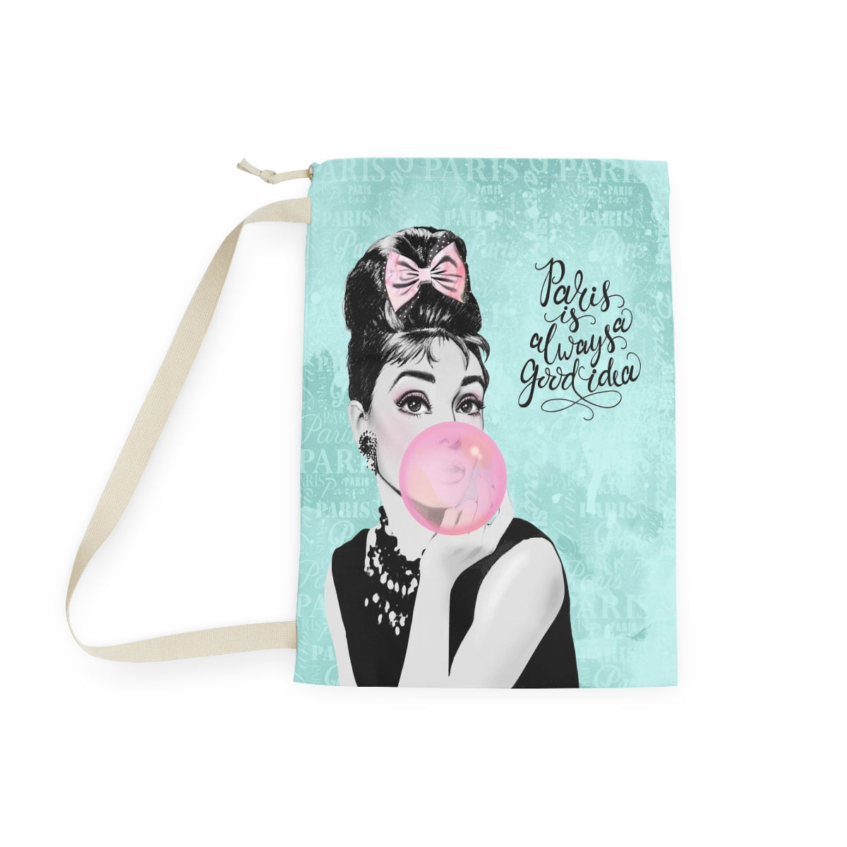 Audrey Hepburn Pink Bubblegum Sack, Laundry Sack, Santa Sack, Dust Bag, Gift Sack - Paris Blue