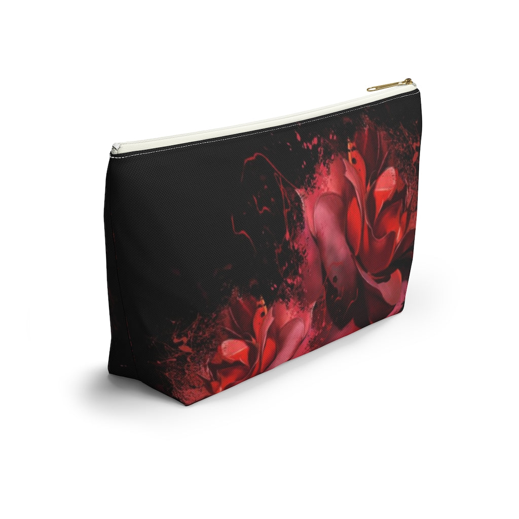 Painted Rose Cosmetic Pouch w T-bottom, Accessory Pouch, Red