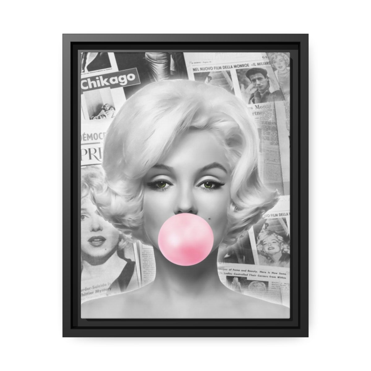 Marilyn Monroe Wall Canvas, Matte Canvas, Black Frame - International News Marilyn Bubblegum