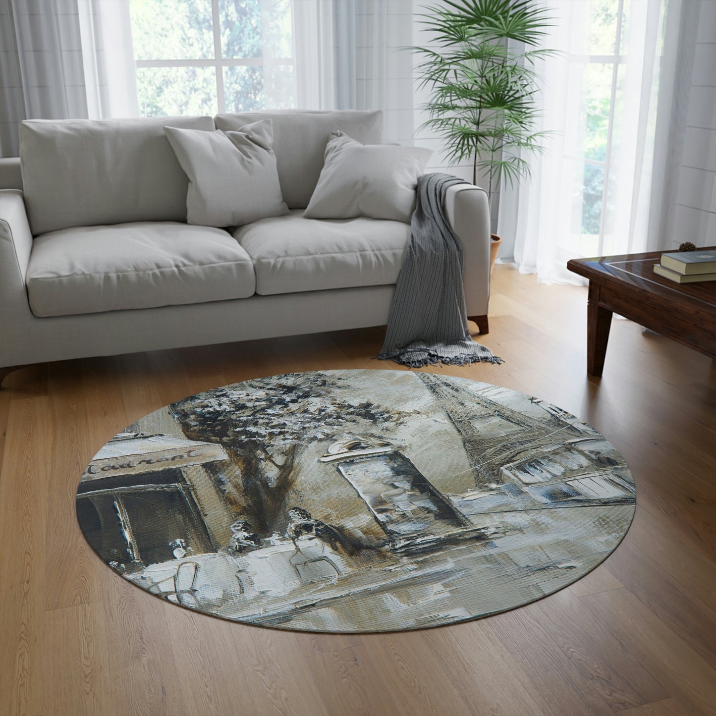 Cafe in Paris Round Chenille Round Rug - 60 Inch Eiffel Towel Floor Mat - French Oil Painting Print