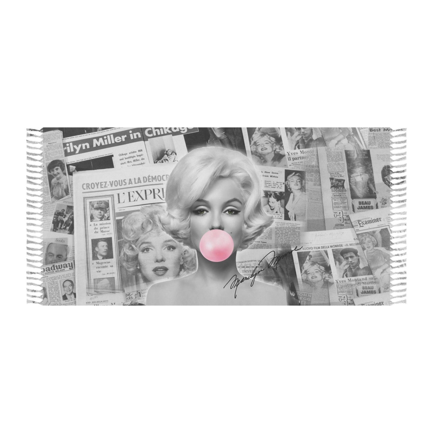 Marilyn Monroe Bubblegum Wrap, Beach Cloth with Fringe - Marilyn Monroe Newsprint, Autograph