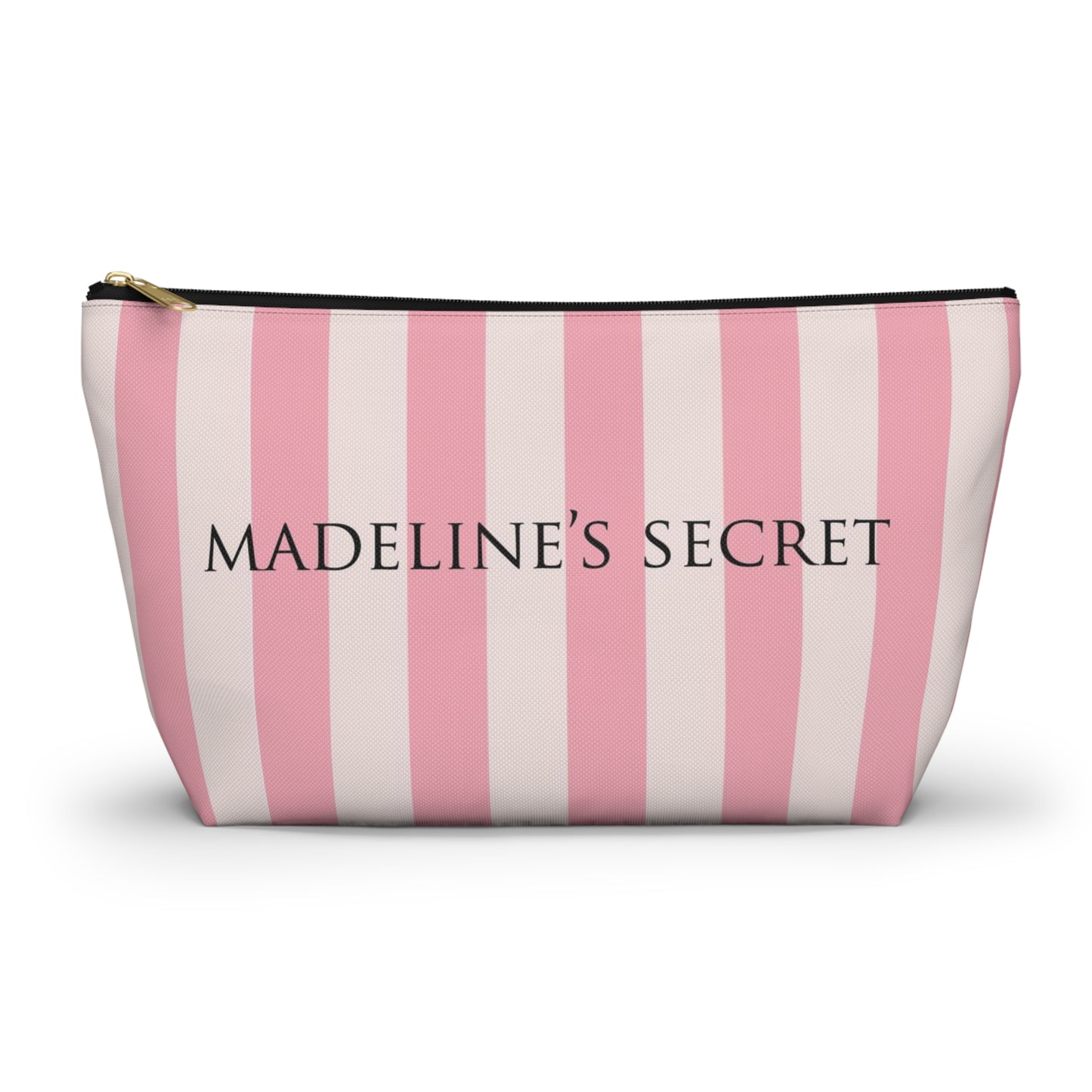 Personalized Secret Cosmetic Pouch w T-bottom, Accessory Pouch - Pink Stripe