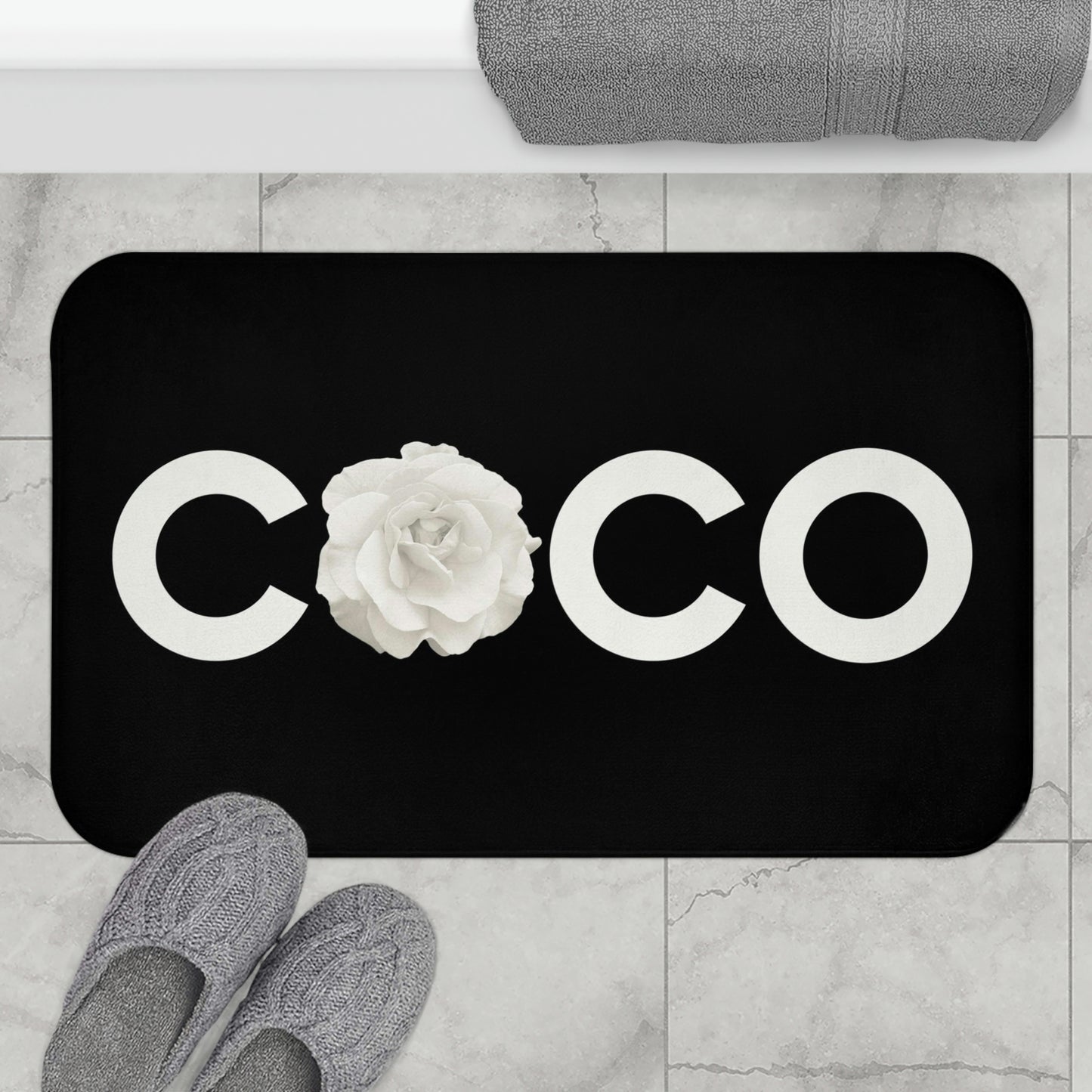 Black COCO Rose Bath Mat - Fashion Floor Mat - Black and Cream Rose Bathroom Shower Mat