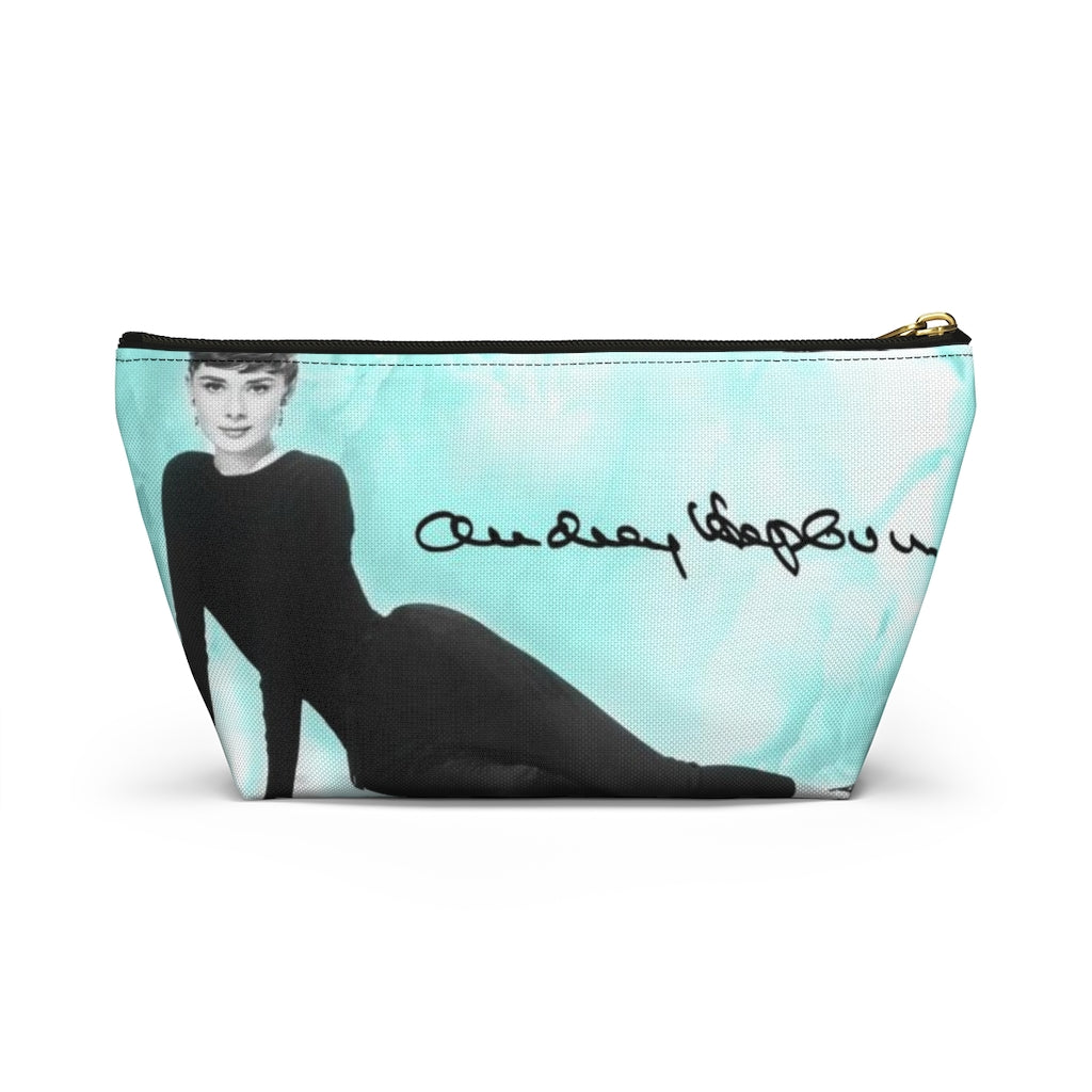 Audrey Hepburn Signature Cosmetic Pouch w T-bottom, Accessory Pouch, Blue Green