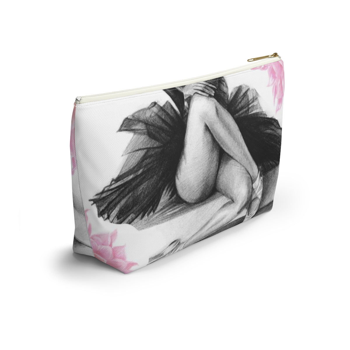 Ballet Cosmetic Pouch w T-bottom, Accessory Pouch, Pink Flowers