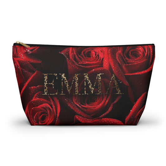 Personalized Rose Cosmetic Pouch w T-bottom, Accessory Pouch - Red Rose and Leopard