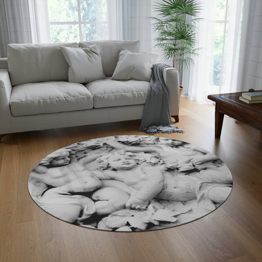 Marble Cherubs Print Chenille Round Rug - 60 Inch Floor Mat - Custom and Personalized Rug - VOGUE Angels