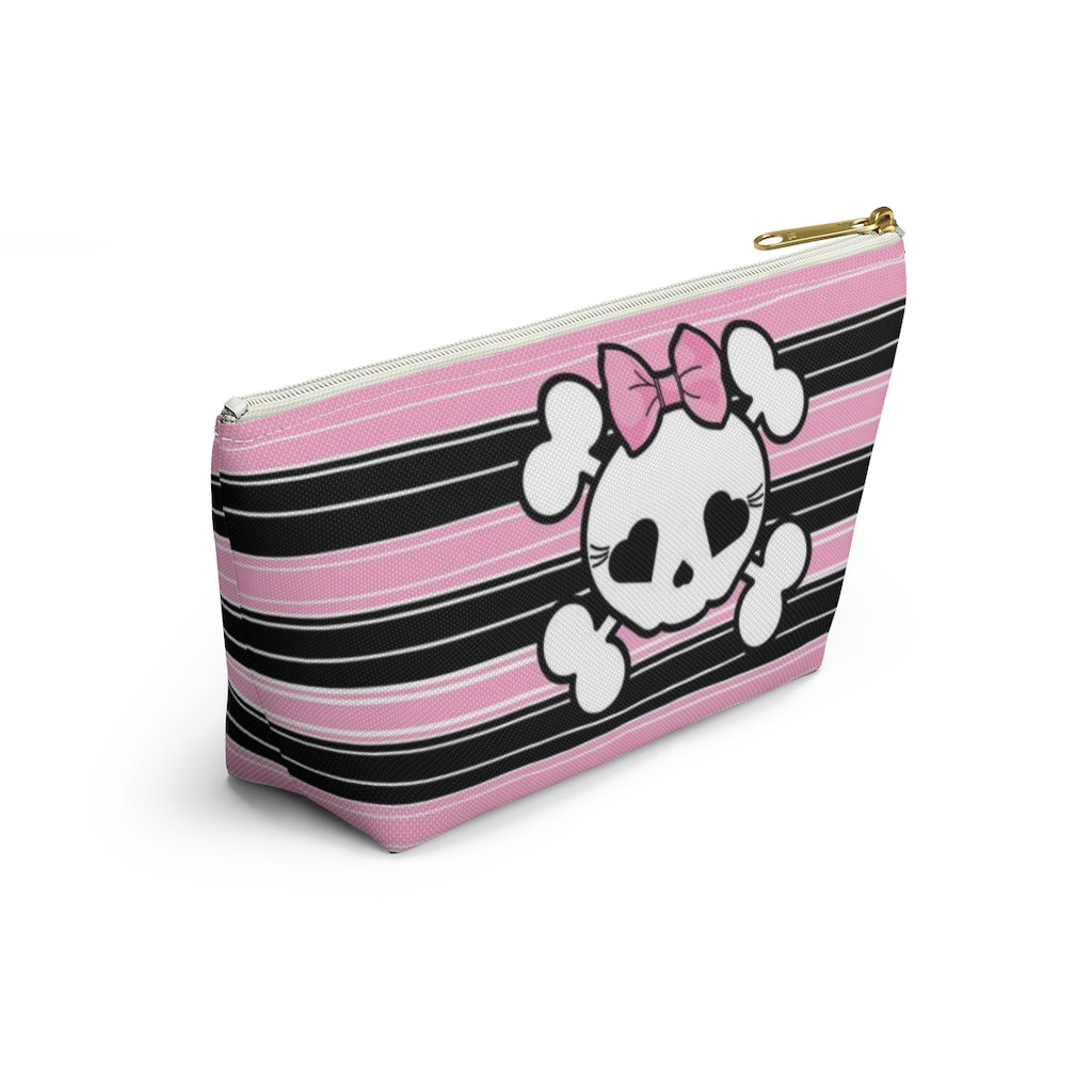 Candy Skull Cosmetic Pouch w T-bottom, Accessory Pouch, Pink Black Stripe