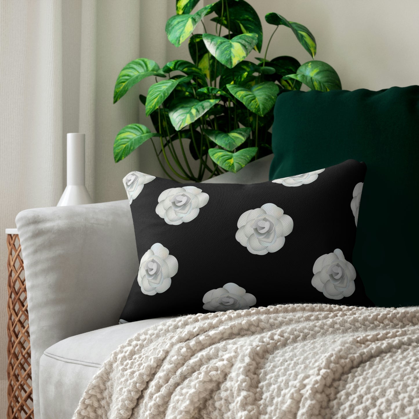 Camillia Flower Lumbar Pillow - Black and White White Rose Decorative Throw Pillow = Black Noir Rose Rectangle Back Pillow