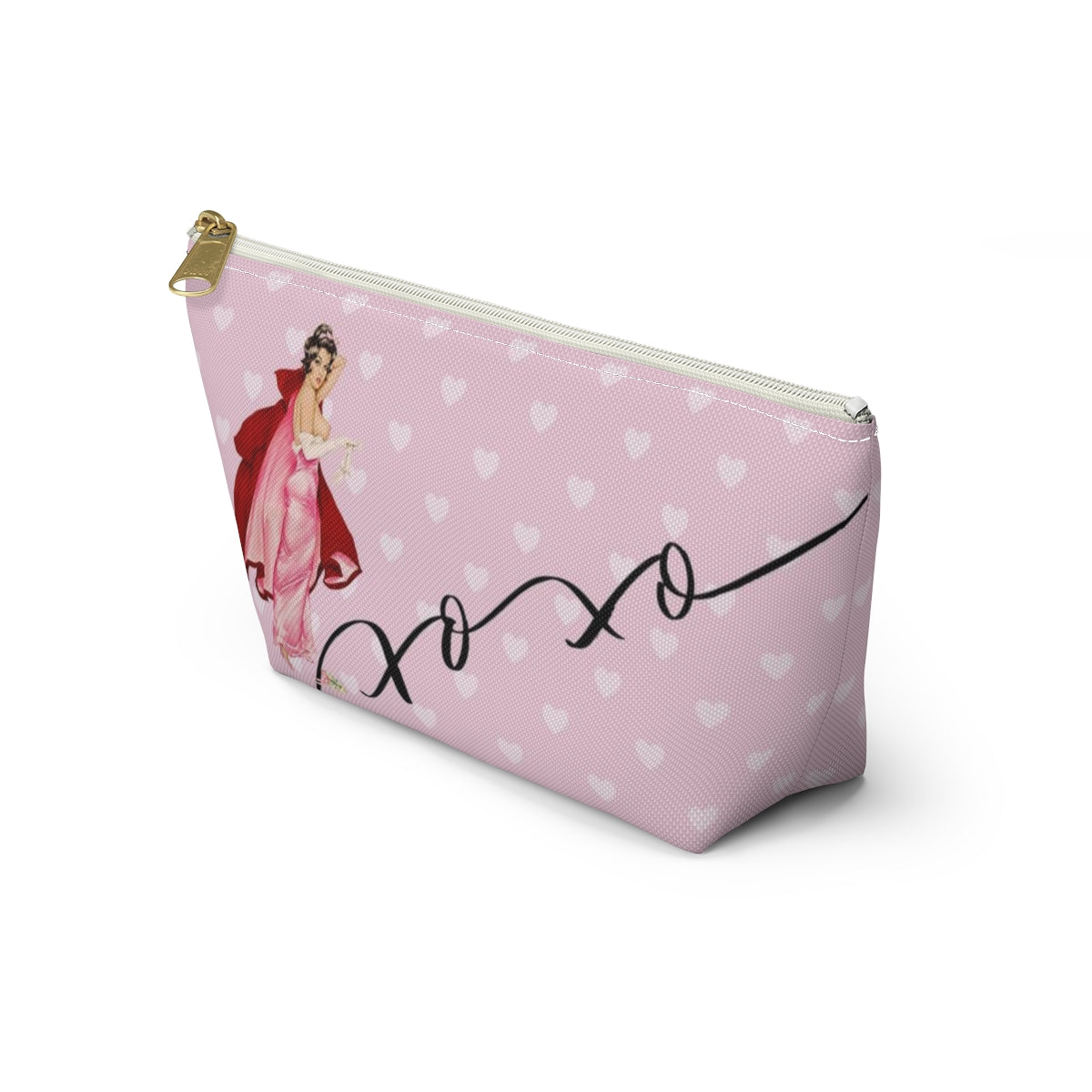 Personalized Pink Pinup Girl Cosmetic Pouch w T-bottom, Accessory Pouch - Red Riding Hood XOXO