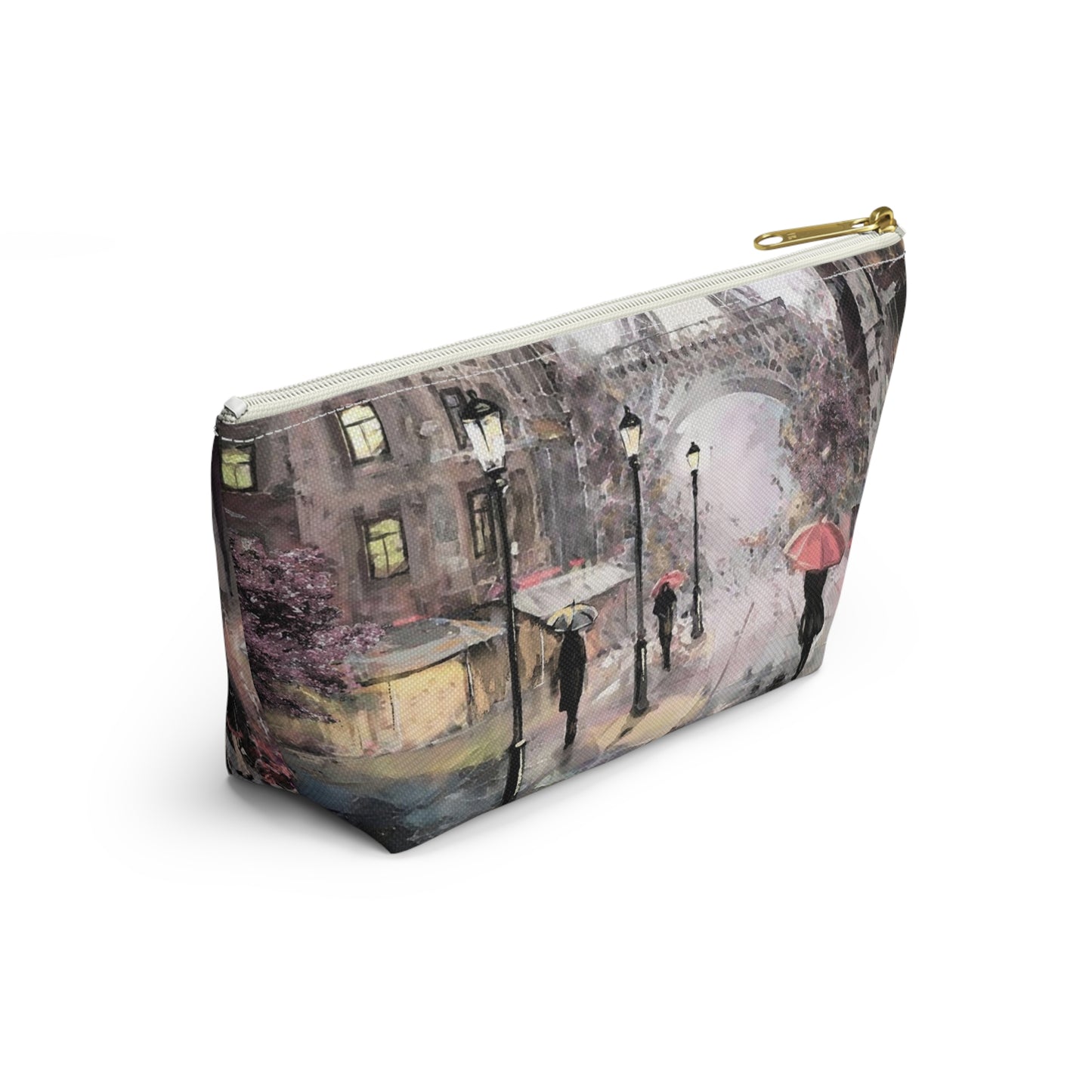 Eiffel Tower Cosmetic Pouch w T-bottom, Accessory Pouch - Pastel Rain in Paris