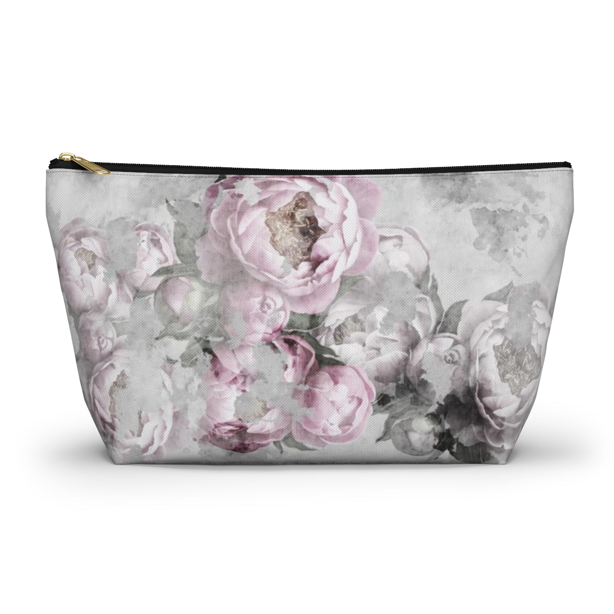 Peony Cosmetic Pouch w T-bottom, Accessory Pouch, Antiqued Pink and Grey