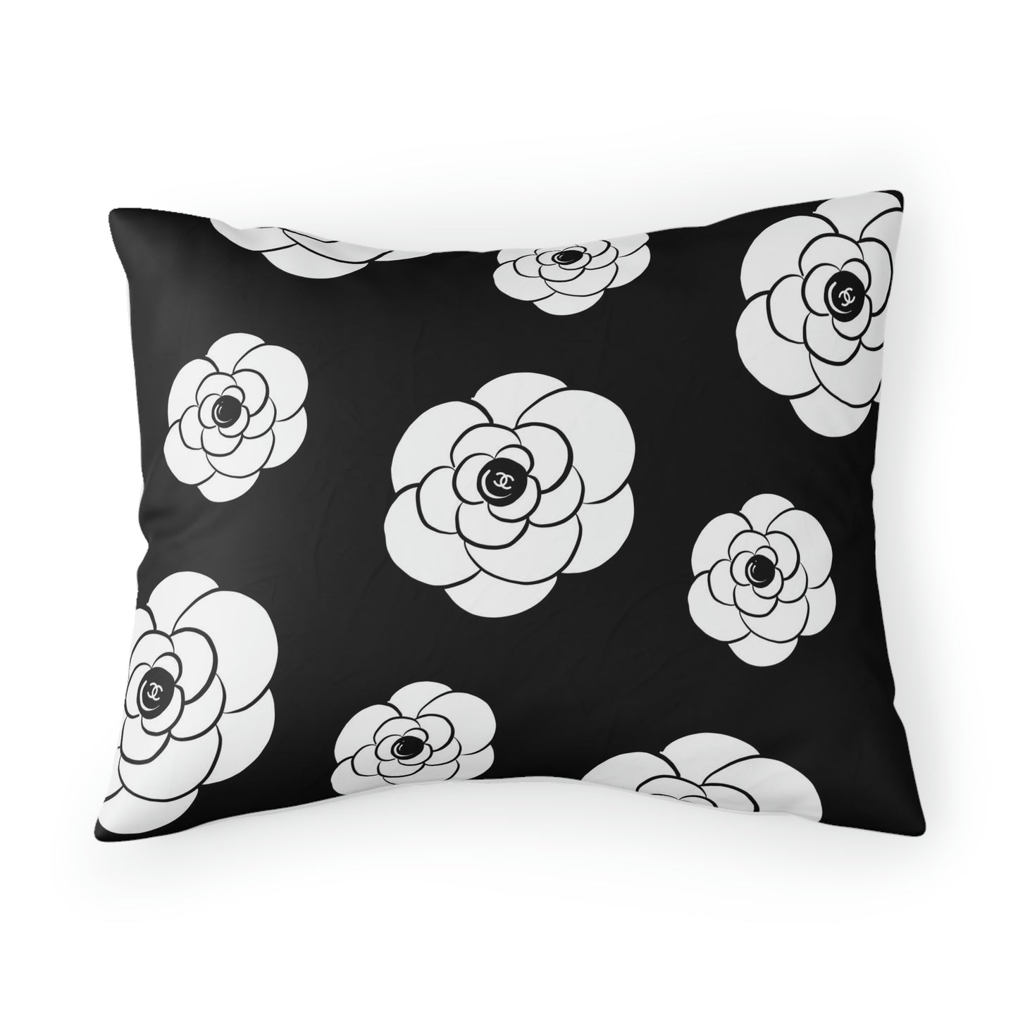 White Camillia Flower Pillow Sham - Custom Designer Logo Pillow Sham - Hand Drawn Flower Black Noir Bed Pillow Covers