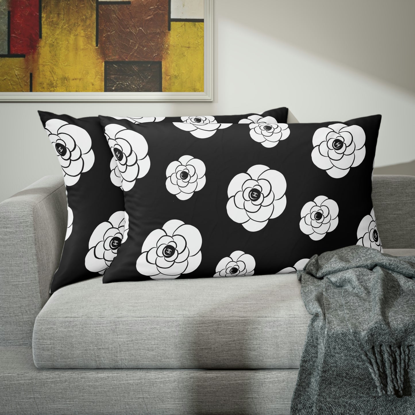 White Camillia Flower Pillow Sham - Custom Designer Logo Pillow Sham - Hand Drawn Flower Black Noir Bed Pillow Covers