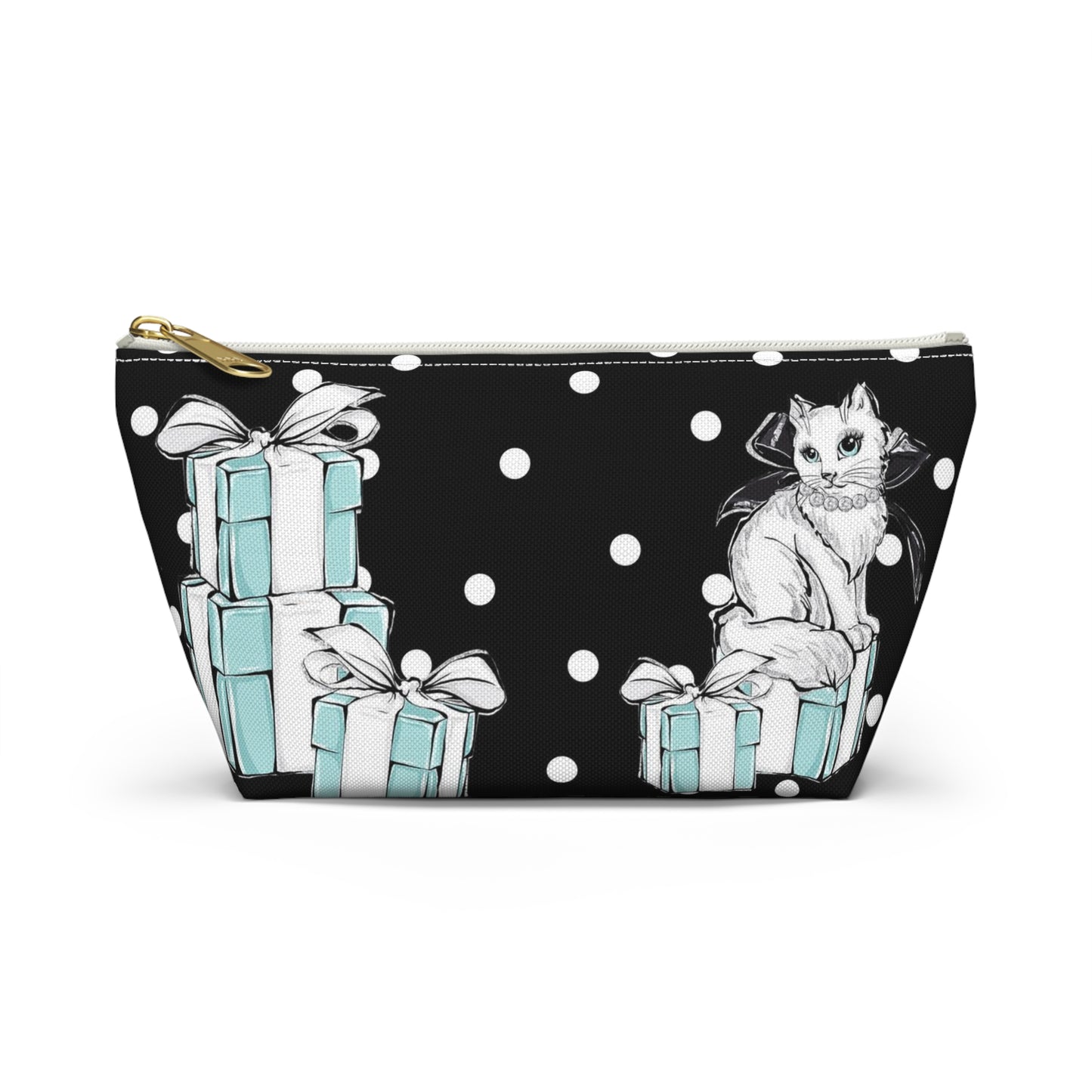 Personalized Kitty Cat Cosmetic Pouch w T-bottom, Accessory Pouch, Cats Polka Dot Breakfast at Tiffany - Black