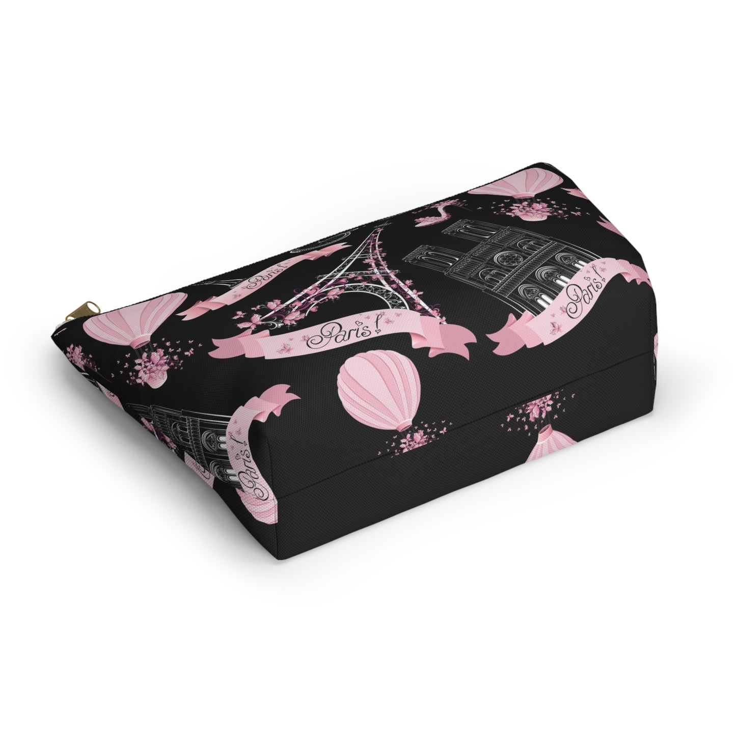 Whimsy in Paris Cosmetic Pouch w T-bottom, Accessory Pouch - Pink and Black Eiffel Tower Paris France Pouch