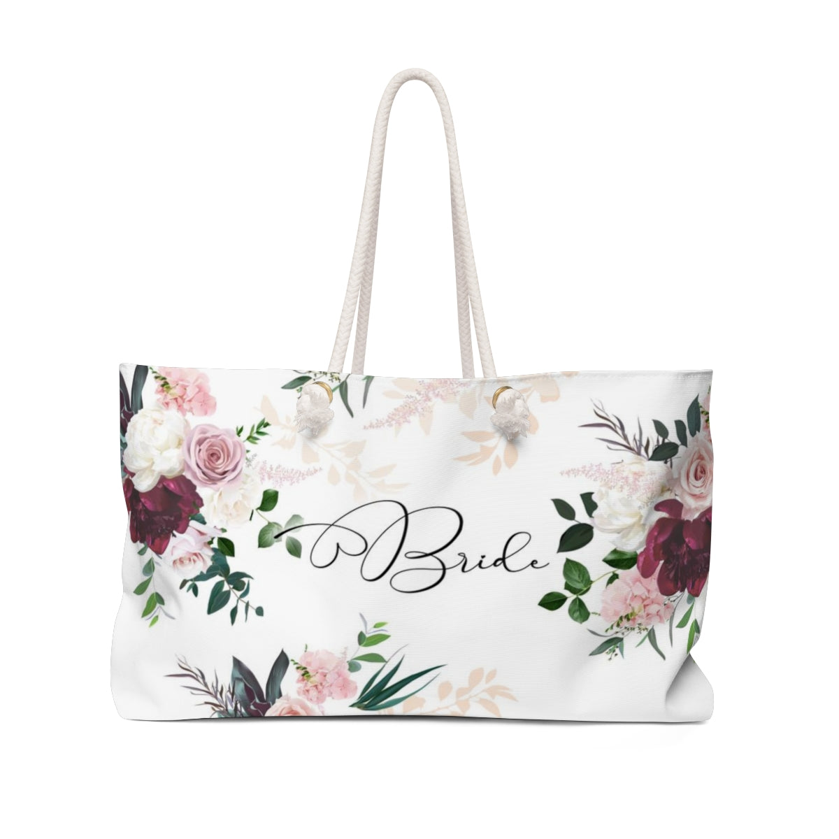 Personalized Bride Tote Bag - Weekender Bag, Rope Tote, Red and Pink Rose and Peony