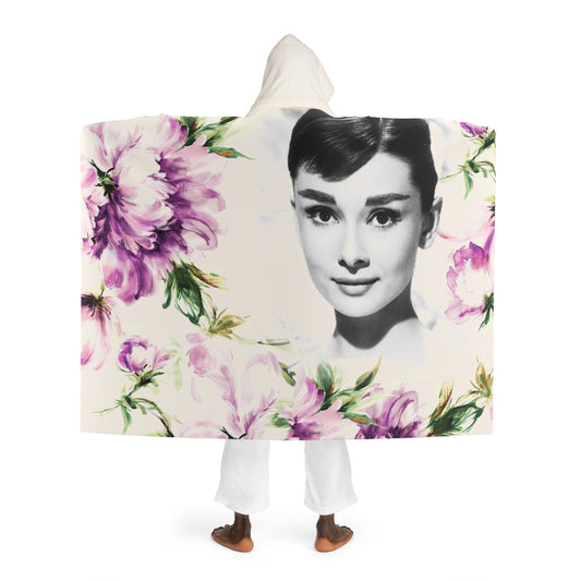 Audrey Hepburn Hooded Sherpa Fleece Blanket, Hooded Shrug - Purple Flower