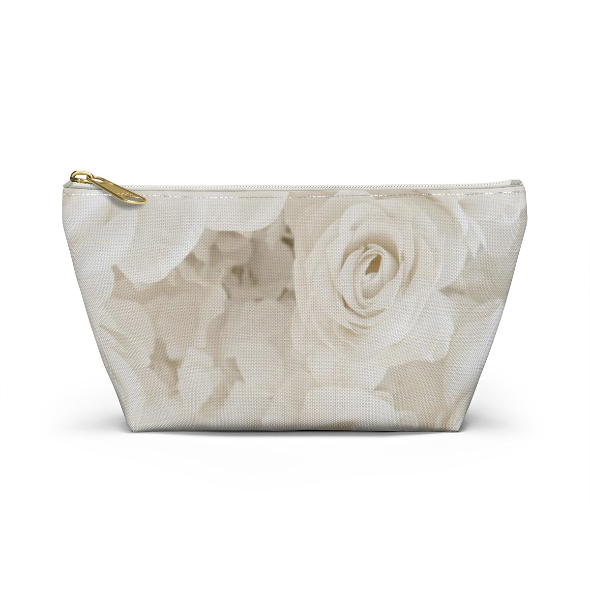 Personalized Cream Rose Cosmetic Pouch w T-bottom, Accessory Pouch - Off White Rose Leopard Print