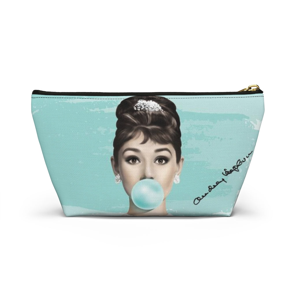 Audrey Hepburn Cosmetic Pouch w T-bottom, Accessory Pouch, Blue Green Signature