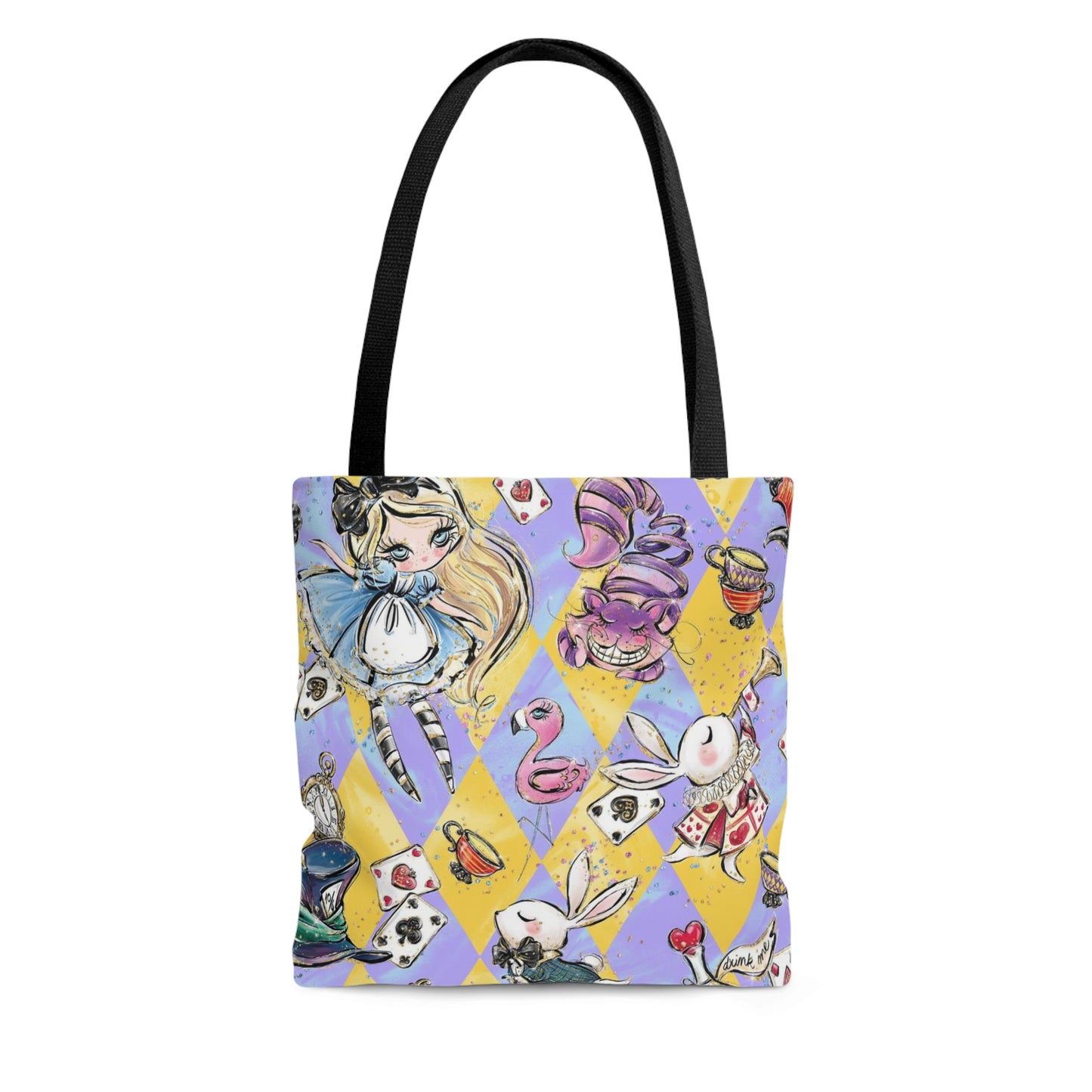 Alice in Wonderland Square Tote Bag, Utility Tote - Purple Blue Harlequin