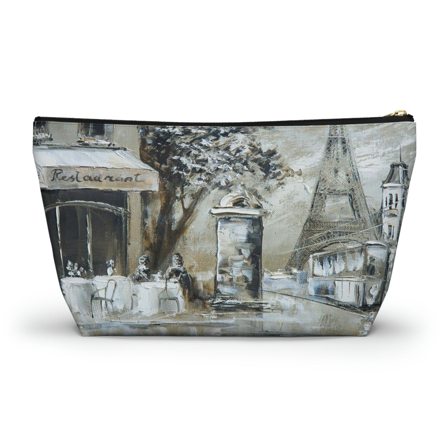 Eiffel Tower Cosmetic Pouch w T-bottom, Accessory Pouch - Cafe in Paris