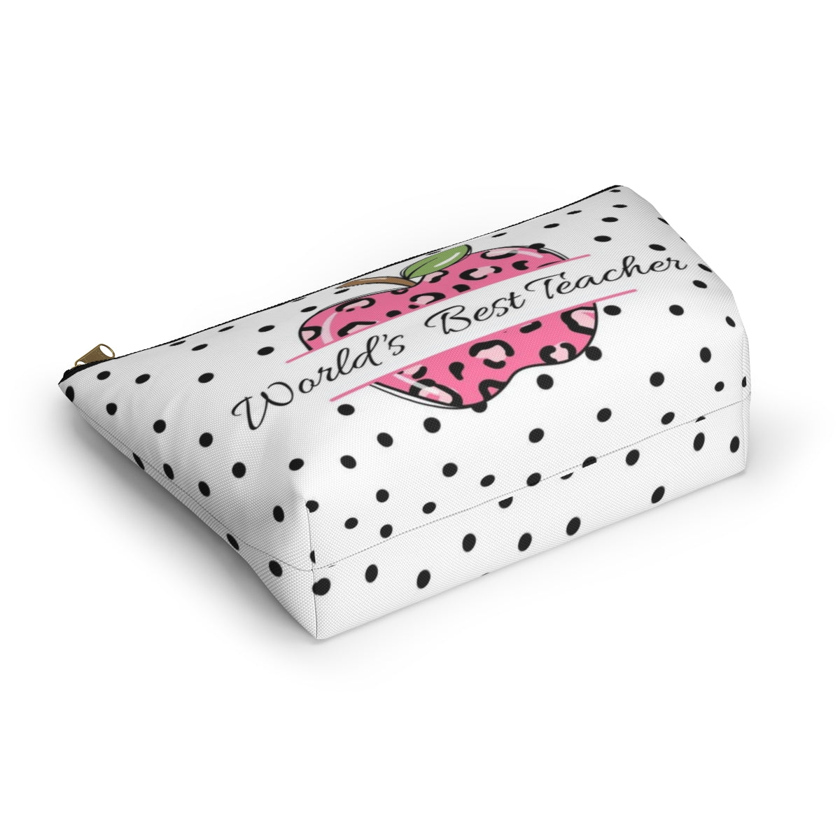 Personalized World's Best Teacher Cosmetic Pouch w T-bottom, Accessory Pouch, Pink Leopard Apple Dot