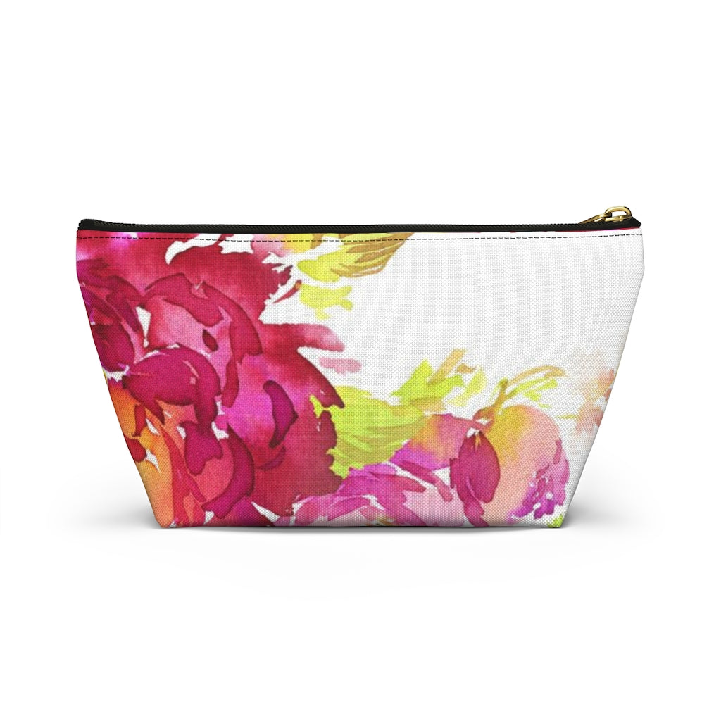 Bright Floral Cosmetic Pouch w T-bottom, Accessory Pouch, Pink