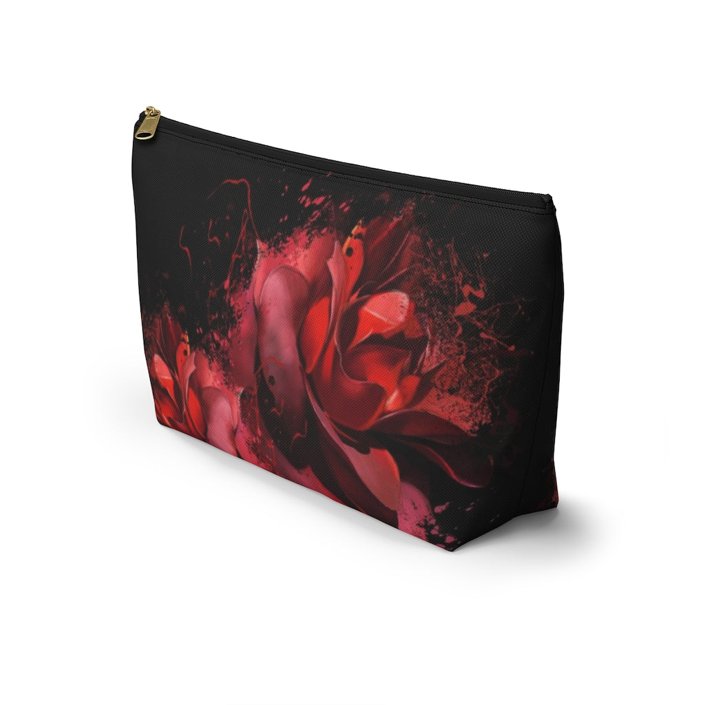 Painted Rose Cosmetic Pouch w T-bottom, Accessory Pouch, Red