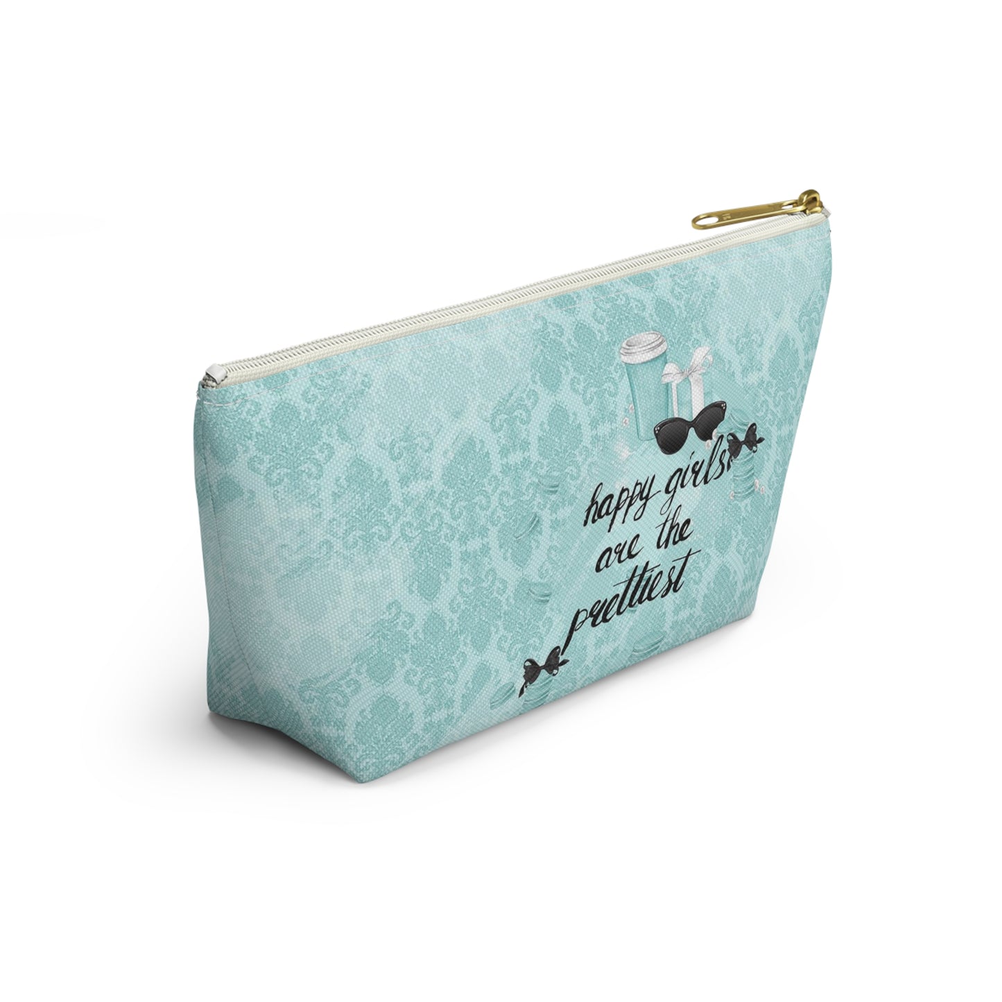 Happy Girls are the Prettiest Cosmetic Pouch w T-bottom, Accessory Pouch, Breakfast at Tiffany