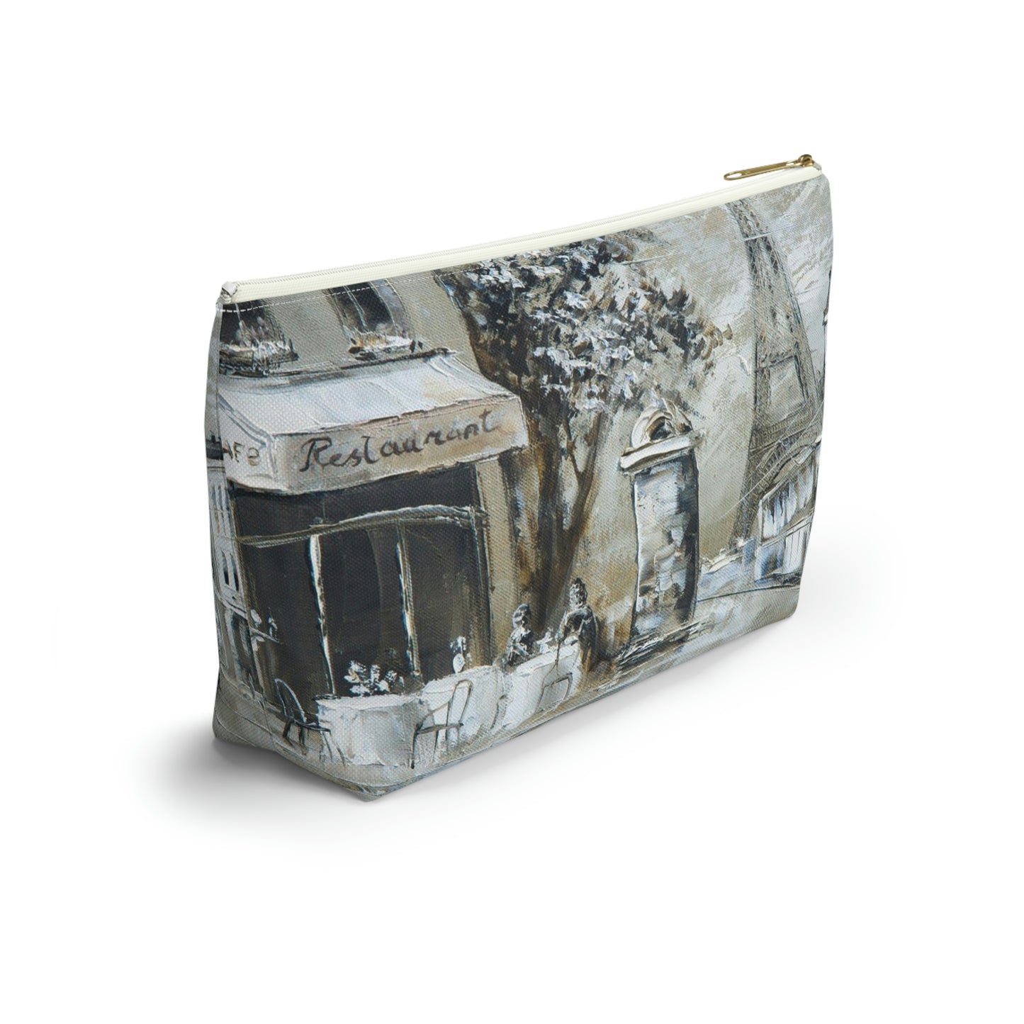 Eiffel Tower Cosmetic Pouch w T-bottom, Accessory Pouch - Cafe in Paris