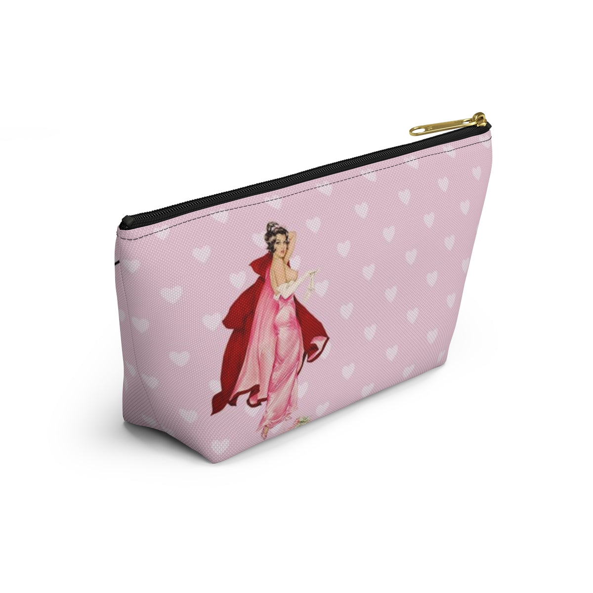 Personalized Pink Pinup Girl Cosmetic Pouch w T-bottom, Accessory Pouch - Red Riding Hood XOXO