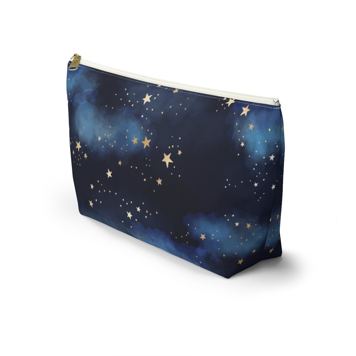 Personalized Starry Night Cosmetic Pouch w T-bottom, Accessory Pouch - Midnight Blue Clouds Gold Stars