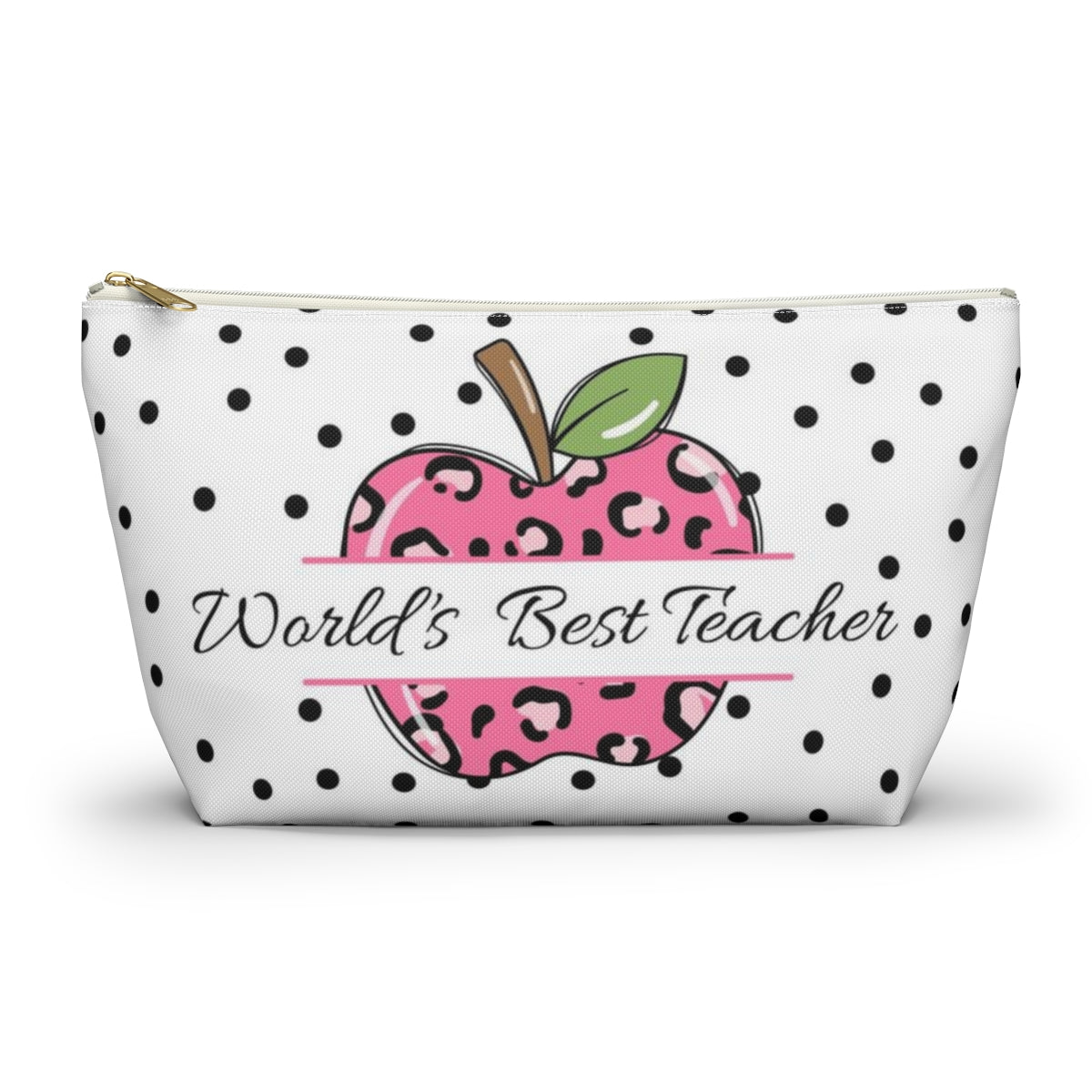 Personalized World's Best Teacher Cosmetic Pouch w T-bottom, Accessory Pouch, Pink Leopard Apple Dot