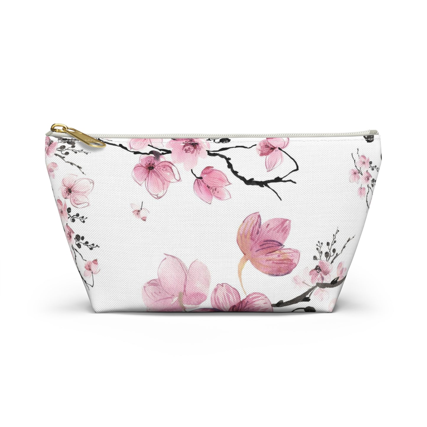 Sakura Cosmetic Pouch w T-bottom, Accessory Pouch - Pink Watercolor Cherry Blossom Makeup Bag