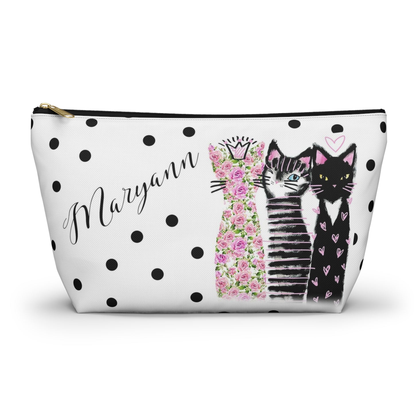 Personalized Kitty Cat Lover Cosmetic Pouch w T-bottom, Accessory Pouch, Cats Polka Dot