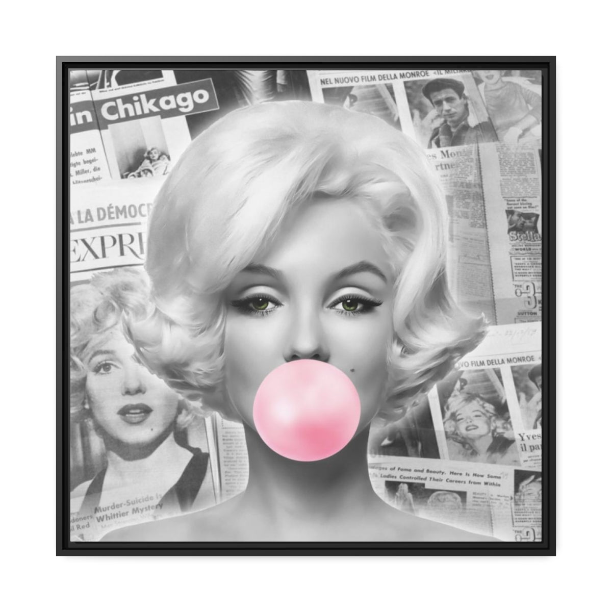 Marilyn Monroe Wall Canvas, Matte Canvas, Black Frame - International News Marilyn Bubblegum