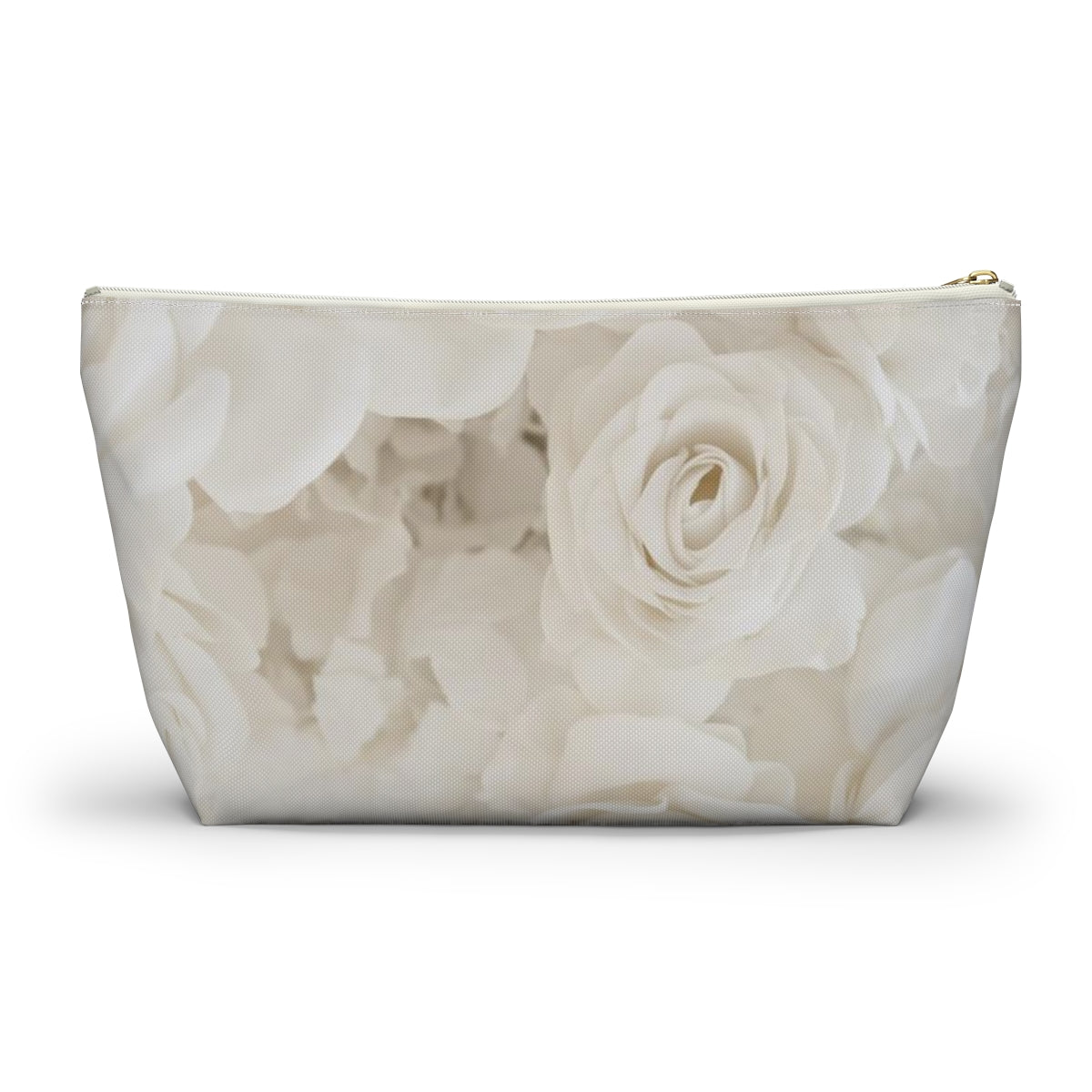 Personalized Cream Rose Cosmetic Pouch w T-bottom, Accessory Pouch - Off White Rose Leopard Print