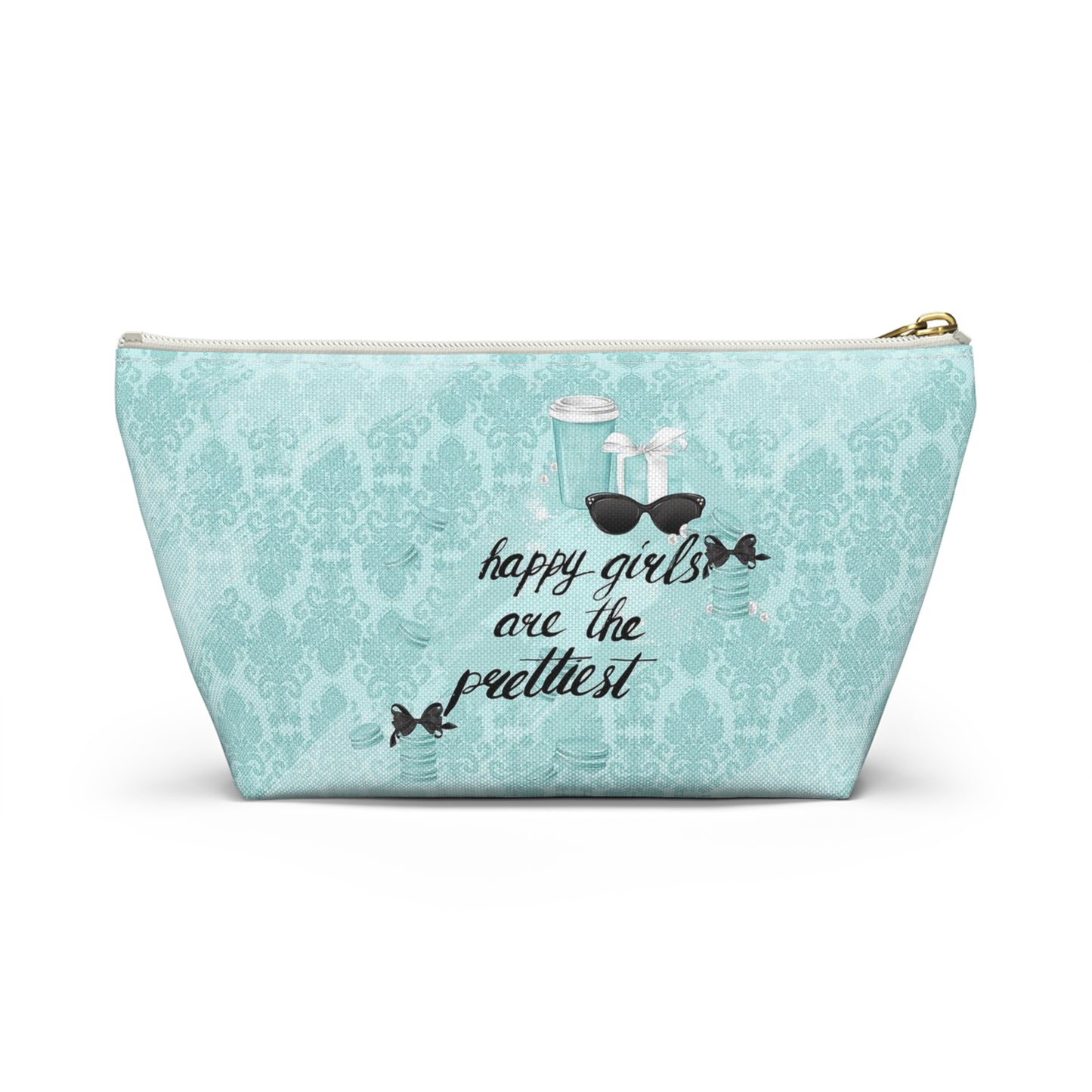 Happy Girls are the Prettiest Cosmetic Pouch w T-bottom, Accessory Pouch, Breakfast at Tiffany