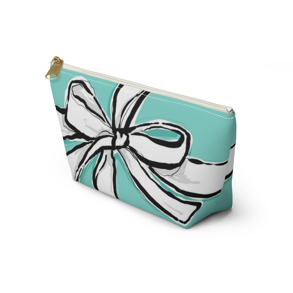 Blue Green Bow Cosmetic Pouch w T-bottom, Accessory Pouch, Breakfast at Tiffany