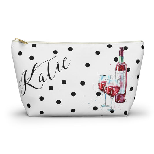 Personalized Wine Cosmetic Pouch w T-bottom, Accessory Pouch, Red Wine for Two Polka Dot