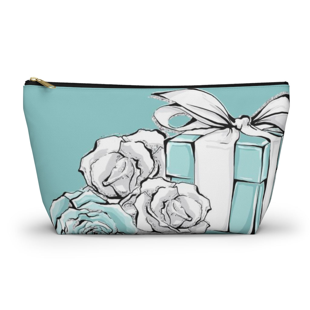 Little Blue Box Cosmetic Pouch w T-bottom, Accessory Pouch, Blue Green Rose Jewelry Box