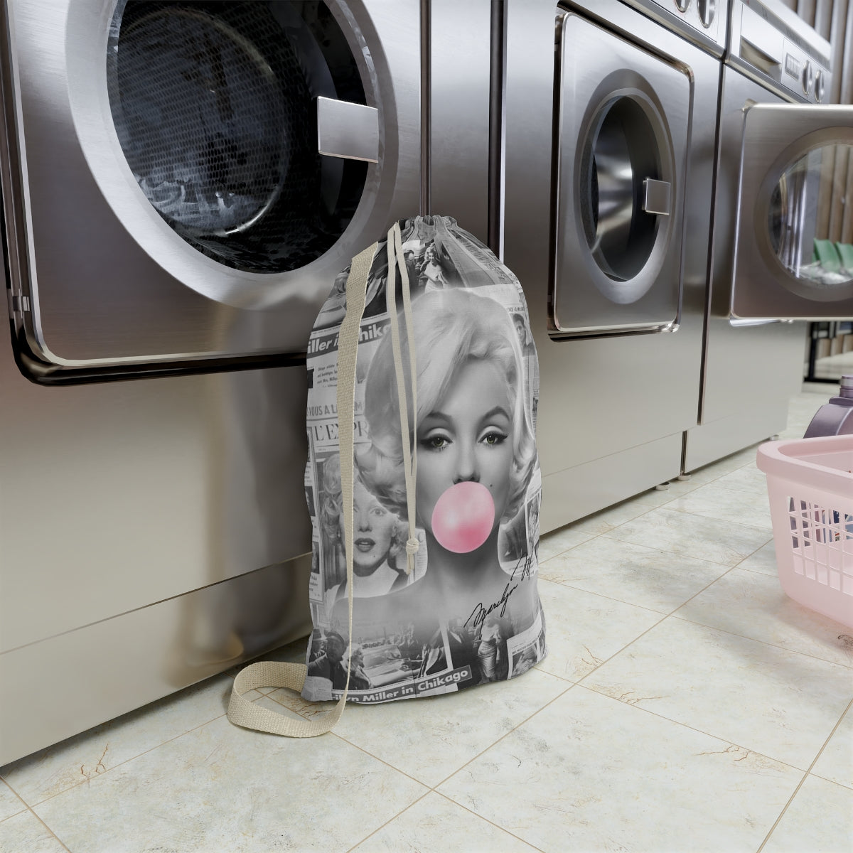 Marilyn Monroe Sack, Laundry Sack, Santa Sack, Dust Bag, Gift Sack - Marilyn Bubblegum Pink International News Bag