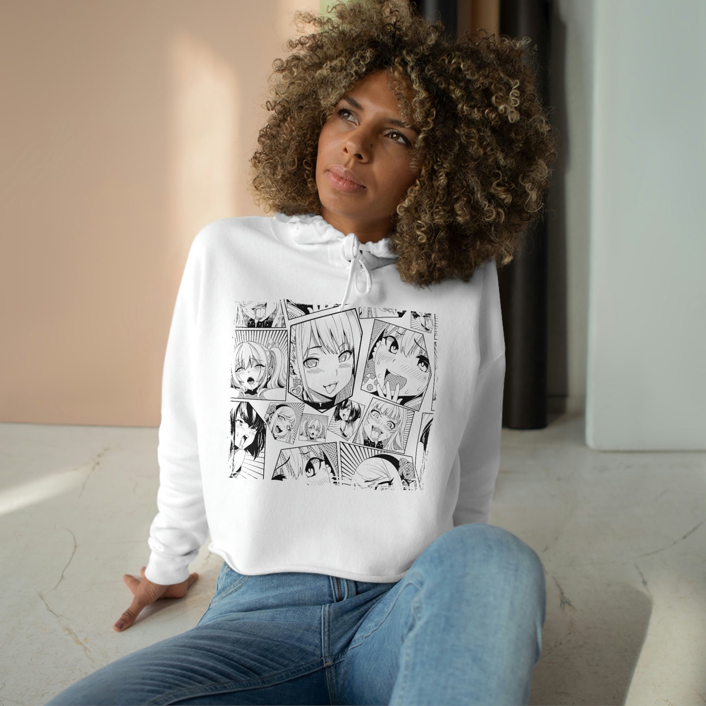 Anime Crop Hoodie, Cropped Pullover, Crop Sweatshirt, Crop Top - Black and White Anime Girl - Personalized Hoodie